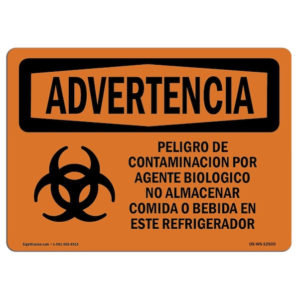Safety Sign, OSHA WARNING, 18" Height, 24" Width, Biohazard No Food Or Drink Spanish, Landscape